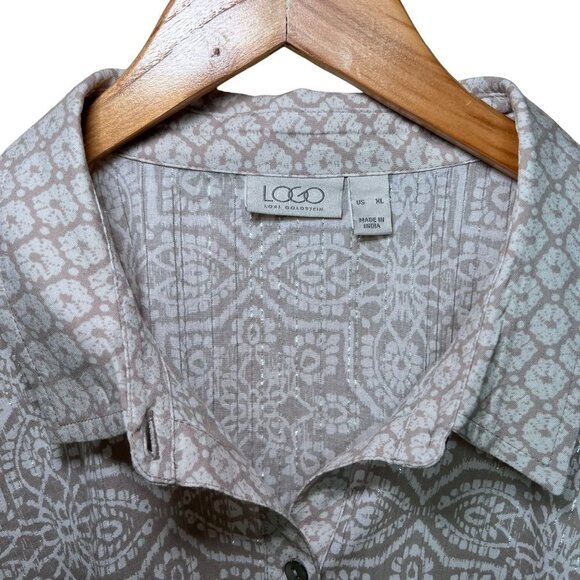 LOGO Lori Goldstein XL Button Down Tunic Top Geometric Print 3/4 Sleeve - Picture 2 of 11